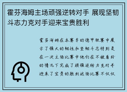 霍芬海姆主场顽强逆转对手 展现坚韧斗志力克对手迎来宝贵胜利