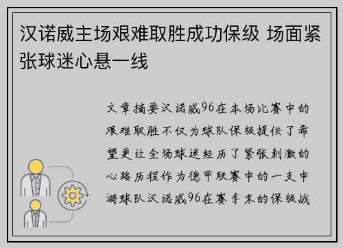 汉诺威主场艰难取胜成功保级 场面紧张球迷心悬一线